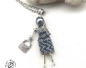 Gray and silver beaded french doll pendant - long chain necklace