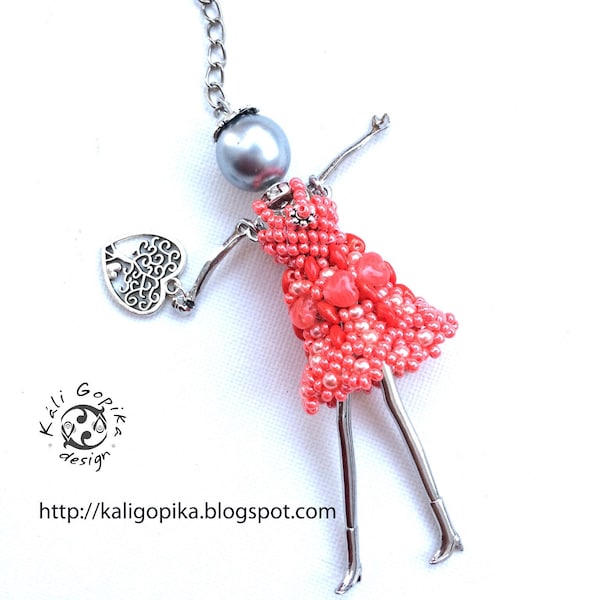 Coral Beaded  French Doll keychain with heart