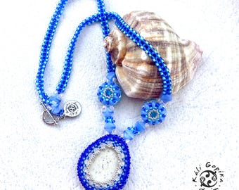 Blue Beaded Statement necklace with stone and crystals - Handmade jewelry