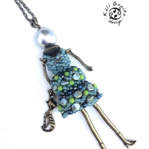 Blue Beaded French Doll necklace with cat