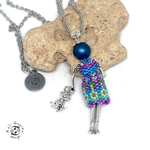 Beaded French Doll Pendant Necklace: Puppy Charm, Handmade Jewelry