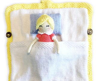Mia with her clutch bag. Knitted toy patterns. Meemoodolls