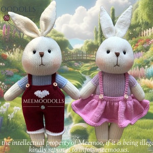 Petunia and Simba. Knit Medium Bunnies. Knitted toy patterns. Meemoodolls
