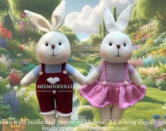 Petunia and Simba. Knit Medium Bunnies. Knitted toy patterns. Meemoodolls