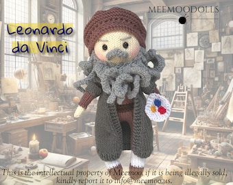 May include: Knitted doll of Leonardo da Vinci holding a paint palette. The doll is wearing a brown hat, a gray coat, and brown pants. The doll is standing in front of a workshop with a wooden table and tools.