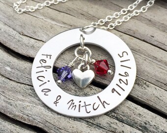 Personalized Hand Stamped Couples Names Wedding Date Washer Necklace, Birthstone Jewelry, Wedding Gift For Her, Bride, Bridal Shower Present