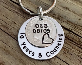 10 Years & Counting Custom Hand Stamped Dime 10th Year Anniversary Keychain, Personalized Gift for Him, Her, Couples Names, Aluminum