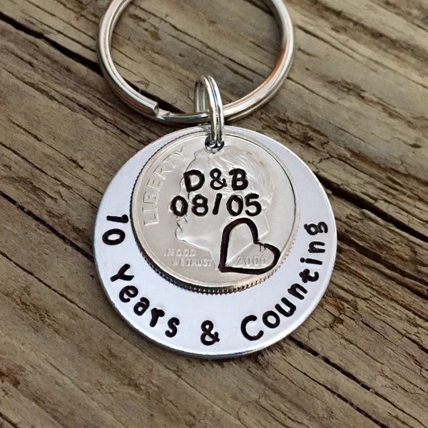 10 Years & Counting Custom Hand Stamped Dime 10th Year Anniversary Keychain, Personalized Gift for Him, Her, Couples Names, Aluminum