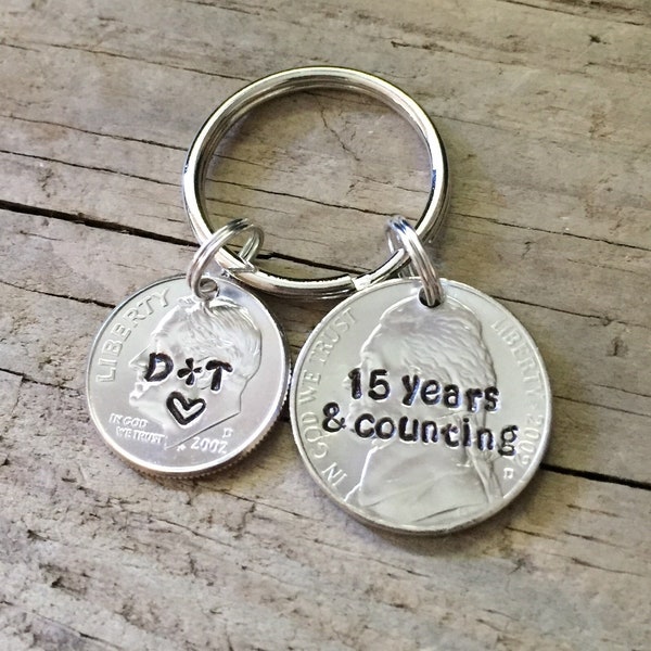 15 Years And Counting Personalized Hand Stamped 2008 Nickel And Dime Keychain, Fifteenth Anniversary Custom Gift For Him, Handstamped