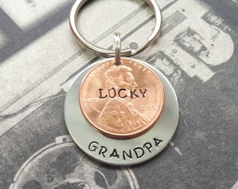 Hand Stamped Lucky Grandpa Penny Keychain, Christmas Gift For Poppa, Personalized Lucky Penny Key Chain Gift Idea For Dad, Holiday Gift