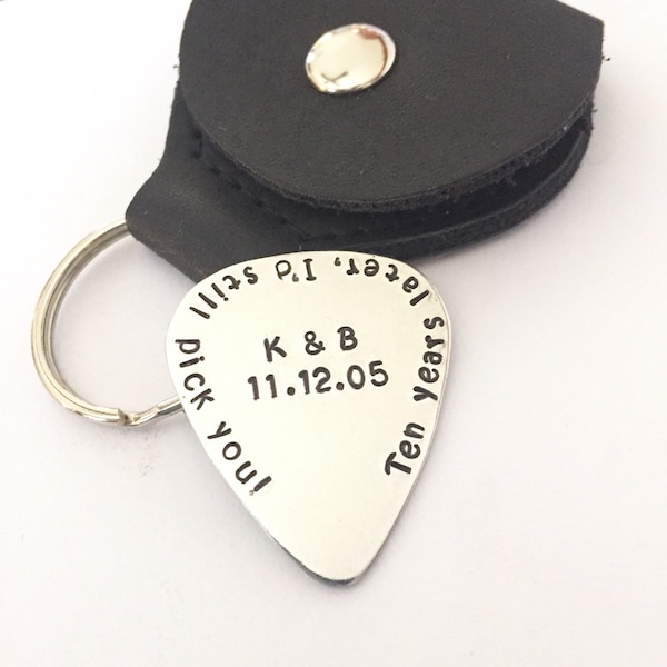 10 Year Anniversary Traditional Aluminum Custom Hand Stamped Guitar Pick Gift For Him, Her, Personalized Anniversary Gift For Husband