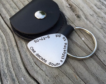 Traditional Aluminum Guitar Pick Ten Year Anniversary Custom Hand Stamped Personalized Love Token Gift For Him, Her, Happy 10 Years Tin