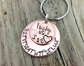 Lucky Us Penny Coordinates Keychain, Custom Gift for Him, Her, Hand Stamped Initials, 1 year, 7th Copper Anniversary, Latitude, Longitude