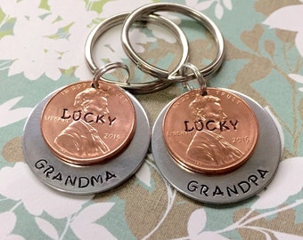 Personalized Hand Stamped Set of Lucky Penny Keychains, Personalized Christmas Gift For Grandma, Grandpa, Holiday Gift, Lucky Grandparents