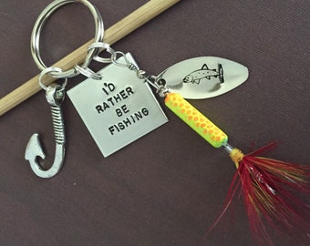 I'd Rather Be Fishing Keychain, Spinner Lure Fisherman Gift for Dad, Birthday for Him, Father's Day From Kid, Angler, Hand Stamped, Custom