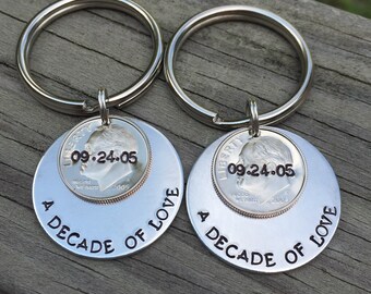 A Decade Of Love His and Hers Matching Couples 10 Year Anniversary Custom Hand Stamped Dime Keychains, Personalized Gift for Him Her, Date