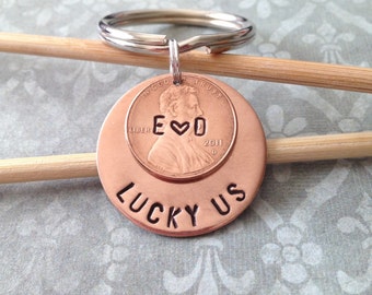 Lucky Us Custom Hand Stamped Personalized Penny Keychain Gift For Him, Her, One 1, 7 Seven Year Anniversary, Traditional Copper Anniversary