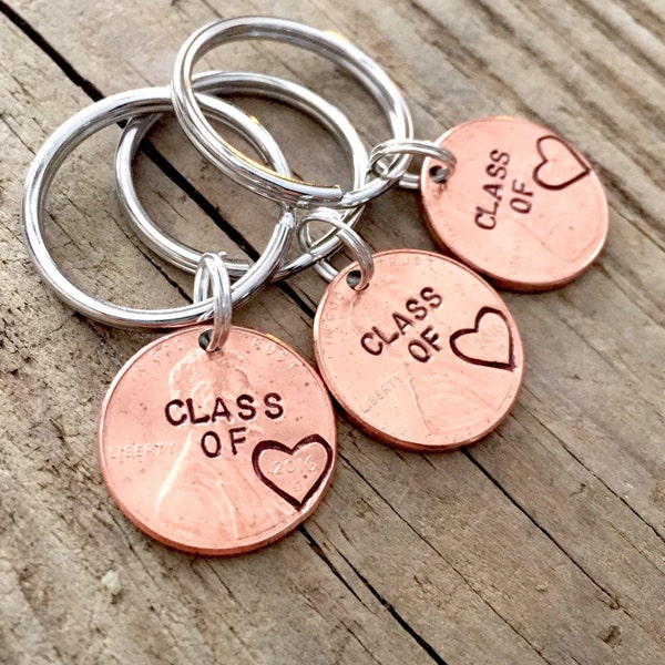 Set of 3 Class of 2023 Hand Stamped Graduation Gift, Personalized Custom Lucky Penny Keychain for Graduate, High School, College, University