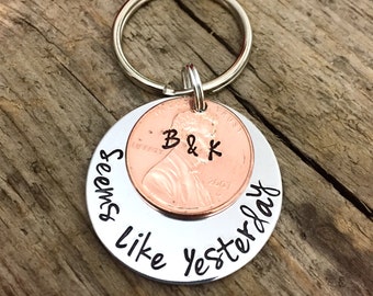 Seems Like Yesterday Custom Anniversary Hand Stamped Lucky Penny, Personalized Gift for Him, Gift for Her, Couples Gift, Initials Keychain