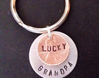 Personalized Hand Stamped Lucky Grandpa Lucky Grandma Penny Keychain Gift For Mom, Christmas Gift For Dad, Poppa, Lucky Penny Key Chain