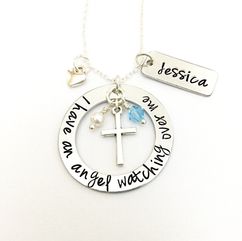 Hand Stamped Memorial Jewelry I Have An Angel Watching Over Me Remembrance Necklace Mom Dad Husband Child Loss Of Loved One Sympathy Gift