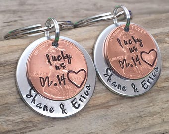 His and Hers Matching Lucky Us Hand Stamped Set of Penny Keychains, Anniversary Gift For Couple, 1 Year Anniversary, Valentine's Day