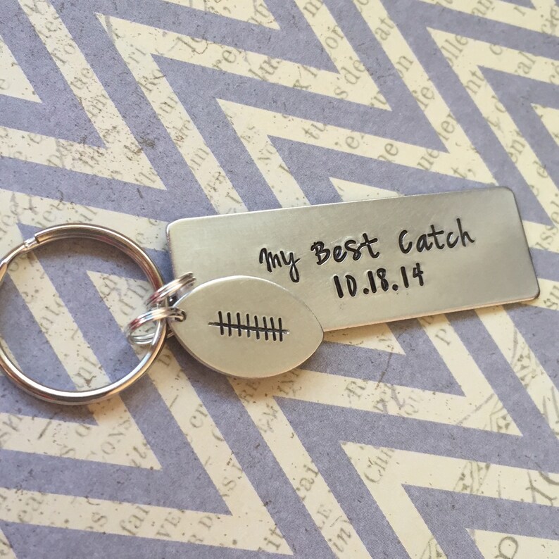 My Best Catch Hand Stamped Football Keychain Anniversary Gift Etsy