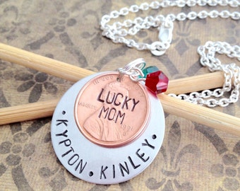 Lucky Mom Penny Necklace, Grandma, Personalized Hand Stamped Pendant, Kids Name Necklace, Birthstone Charms, Mother's Day Gift