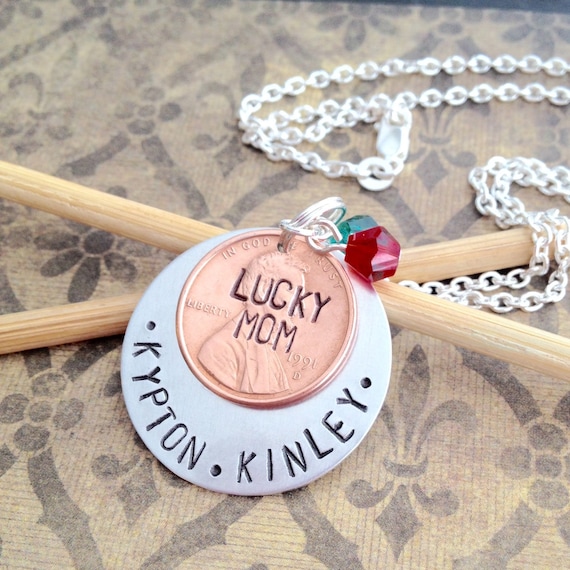 Personalized Penny Necklace New Mom Gift Lucky Penny Necklace Mothers Jewelry Personalized Custom Jewelry Hand Stamped Lucky Penny