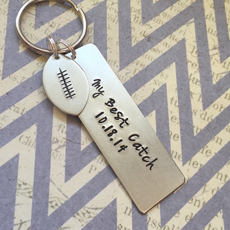 My Best Catch Hand Stamped Football Keychain Anniversary Gift Etsy