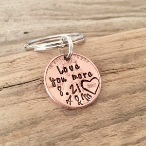Anniversary Penny Keychain Gift for Him, Hand Stamped Penny Traditional 7 Year Copper Gift for Her, Love You More Personalized Keychain
