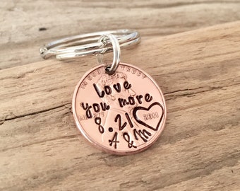 Anniversary Penny Keychain Gift for Him, Hand Stamped Penny Traditional 7 Year Copper Gift for Her, Love You More Personalized Keychain