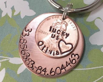 Personalized Adoption Location Lucky Us Penny Coordinates Keychain Gift Childs Name Adoption Day GPS Latitude Longitude Adoptive Parent Gift