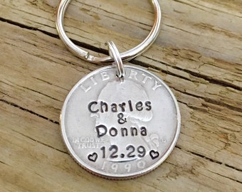 25 Year Anniversary Hand Stamped Quarter Key chain Gift For Her, Him, Personalized Gift For Husband Wife, Traditional Silver Anniversary