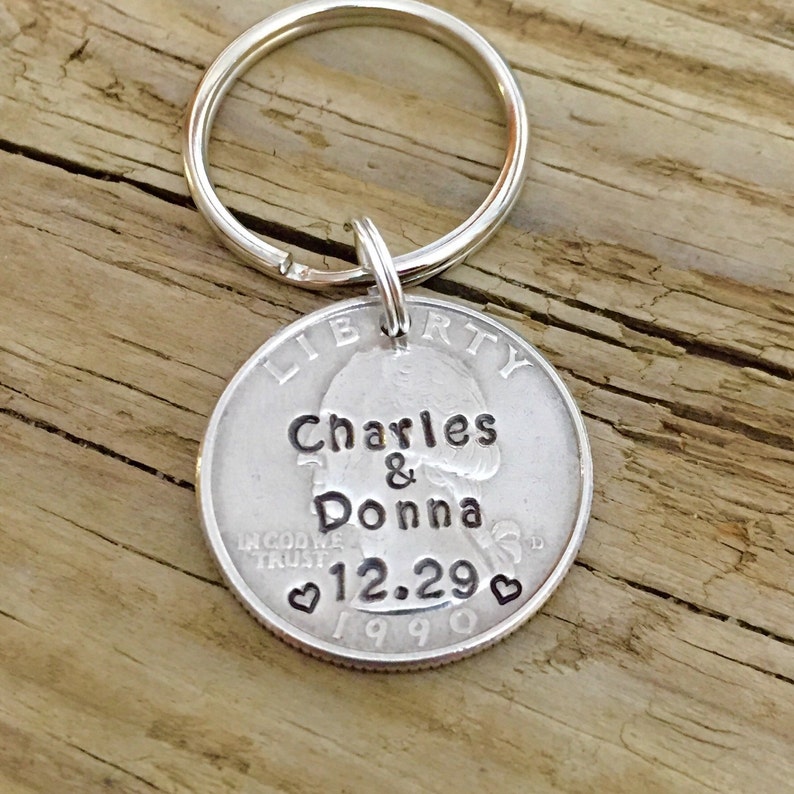 25 Year Anniversary Hand Stamped Quarter Key chain Gift For Her, Him, Personalized Gift For Husband Wife, Traditional Silver Anniversary image 1