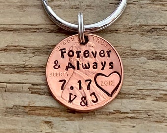 Forever & Always Hand Stamped Penny Keychain, Anniversary Gift for Him, Valentine's Day Gift for Her, Personalized Penny Key Chain, Copper