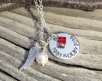 Remembrance Necklace, Hand Stamped Memorial Jewelry, Loss Of Loved One Sympathy Gift, Mom Dad Husband Spouse Child, Angel Wing, Birthstone