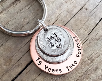 15th Anniversary Gift for Husband or Wife, 15 Year Anniversary Gift for Him or Her, Personalized Hand Stamped Nickel and Dime Keychain