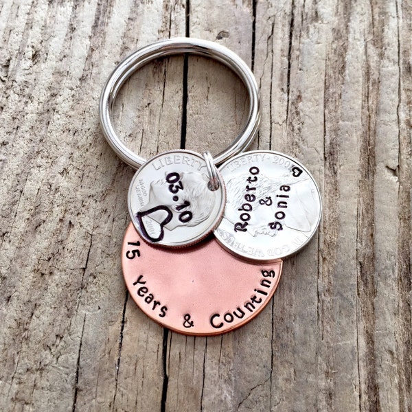 15 Year Anniversary Gift For Him 15th Anniversary Gift For Her Nickel & Dime Keychain Personalized Anniversary Gift For Couples Hand Stamped