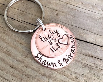 Lucky Us One 1 Year Anniversary Gift for Him, Hand Stamped Copper Penny Keychain Gift For Her, 7 Seven Year Anniversary Gift, Lucky Us Penny