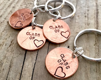 Set of 4 Class of 2023 Hand Stamped Graduation Gift, Personalized Custom Lucky Penny Keychain for Graduate, High School, College, University