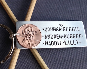 Custom Hand Stamped Personalized Lucky Dad Penny Keychain, Kids Names, Birthday, Anniversary, Valentine's Day Gift For Him, Father's Day