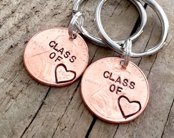 Set of 2 Class of 2023 Hand Stamped Graduation Gift, Personalized Custom Lucky Penny Keychain for Graduate, High School, College, University