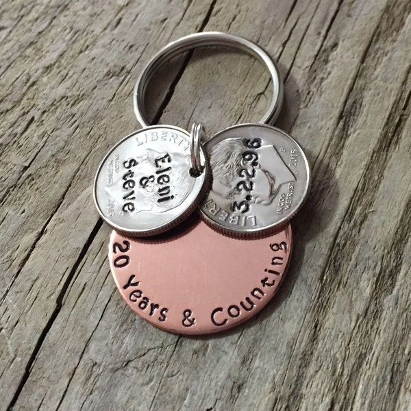 20 Years & Counting Custom Hand Stamped Dime 20th Year Anniversary Keychain, Personalized Gift for Him, Her, Couples Names Twenty Years