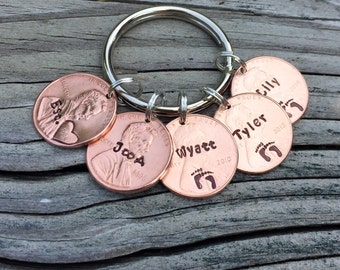 Family Est. Personalized Year Lucky Us Penny Keychain, Hand Stamped Gift For Mom, Dad, Him, Her, Men, Kids Names, Baby Feet, Children Birth