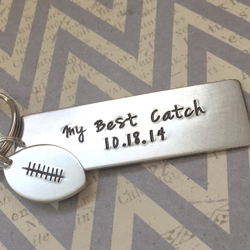 My Best Catch Hand Stamped Football Keychain Anniversary Gift Etsy