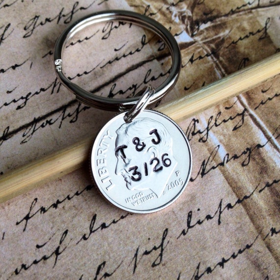 10 Year Anniversary Custom Stamped Dime Keychain Personalized Etsy