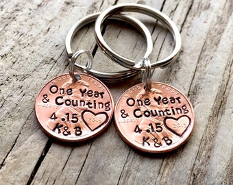 One Year & Counting Personalized Penny Keychains Custom Gift for Him, Her, Hand Stamped Anniversary Gift For Couples, His And Hers Keychains