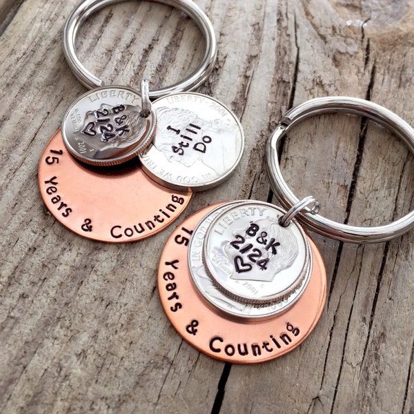 Set Of His And Hers Matching Couples Keychains 15th Anniversary Gift For Couples 15 Year Anniversary Gift For Husband Wife Nickel & Dime