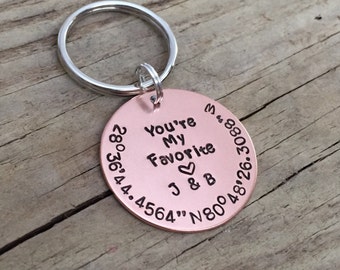 Latitude Longitude Personalized Keychain, Custom Gift for Him, Her, Hand Stamped Wedding Location, 1 year, 7th Copper Anniversary